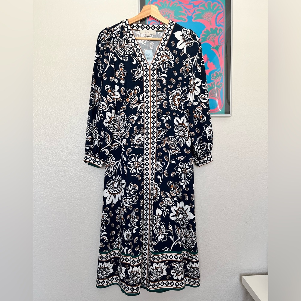 LOFT Navy and White Floral Long Sleeve Dress